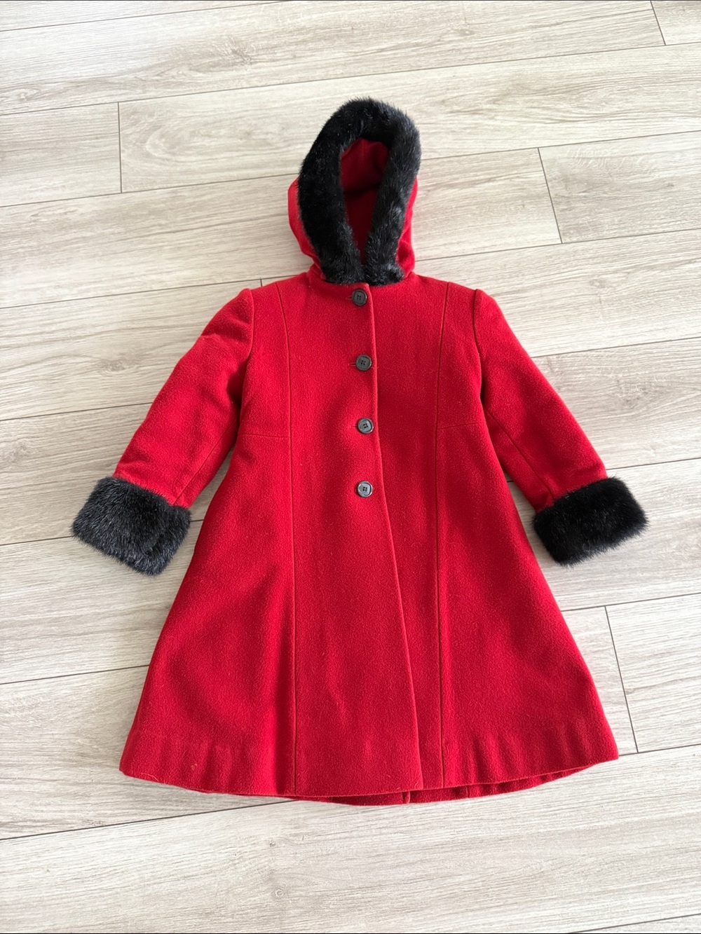 Rothschild Girls' Red Hooded Wool Coat with Black Faux Fur Trim Vintage Size 5